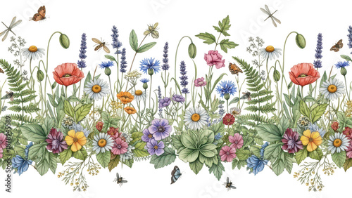 Watercolor floral seamless pattern with colorful wildflowers, leaves, plants and flying ies. Panoramic horizontal isolated illustration. Garden background in vintage style.