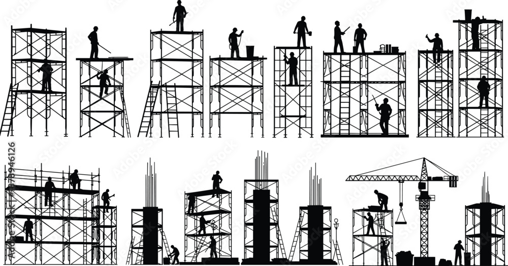Naklejka premium Construction scaffolding workers silhouette set, builders on ladders platforms crane building site structure installation industrial vector illustration