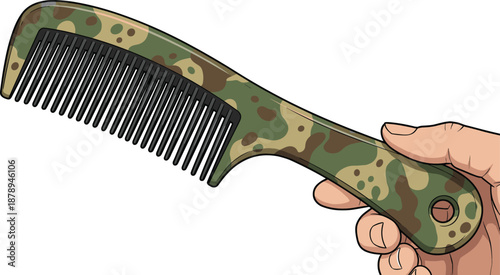 Camouflage hair comb in hand, tactical pocket grooming tool with wide teeth, military style barber accessory, men haircut and styling, vector illustration