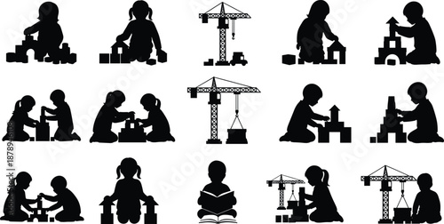 Children building blocks silhouettes set, kids playing construction toys with crane, creativity education learning teamwork concept, black vector illustration