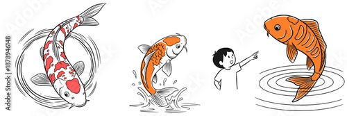 Cute colorful vector set: Chinese ornamental koi carp in different colors and poses, and a boy pointing at the koi