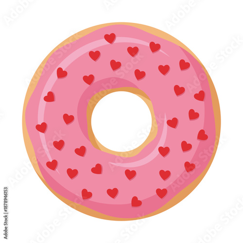 Pink glazed donut with red heart shaped sprinkles vector illustration icon in flat cartoon style isolated