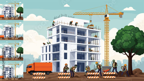 Construction site under development, concrete building under construction with tower crane, workers digging and surveying, delivery truck and safety barriers, urban building project illustration