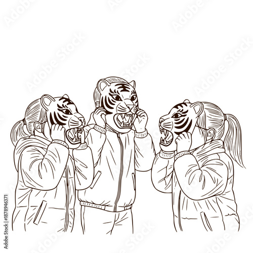 Three Chinese children in tiger masks roaring at each other while playing – elegant minimalist vector illustration for the Chinese Lunar New Year theme