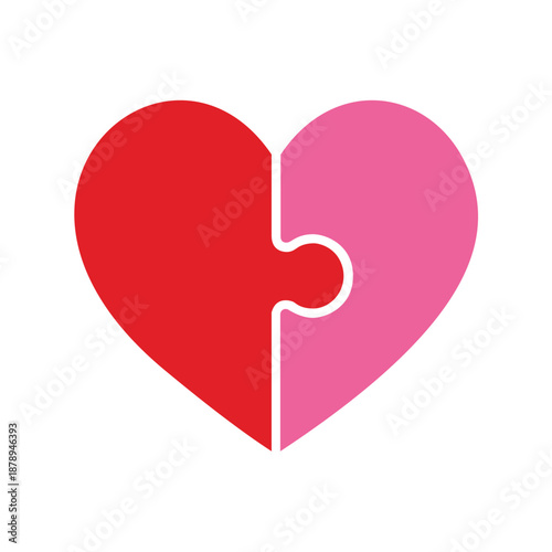 Red and pink heart shaped puzzle pieces connected vector illustration icon isolated