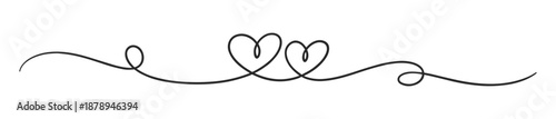 Heart line divider, romantic continuous line art border, minimal swirl ornament vector illustration on transparent background