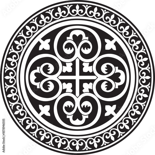 Vector black monochrome stencil round classic byzantine ornament. Circle, ring, border, Ancient Greece, Eastern Roman Empire frame. Decoration of the Russian Orthodox Church