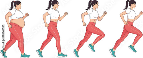 Woman running transformation sequence, overweight to fit progression showing walking to sprinting, fitness journey, weight loss, cardio training, healthy lifestyle illustration