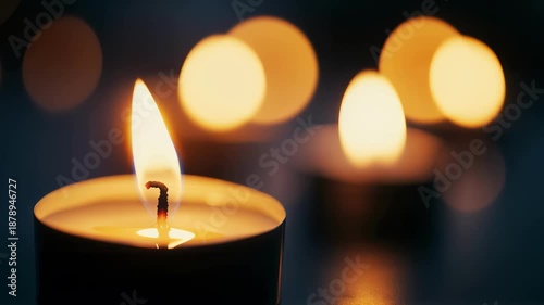 A single burning tealight candle with a flickering flame. Close-up in the dark with a soft bokeh background. Remembrance, memorial and spirituality concept
