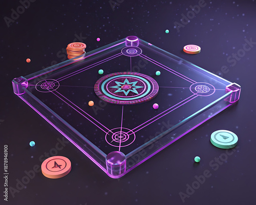 A digital illustration of a futuristic violet colour carrom board with holographic pieces.