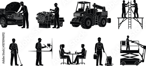 Workers and machinery silhouette set, mechanic engineer construction repair cleaning painting meeting forklift loader scaffold lift service job vector icons