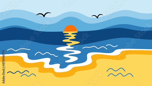 Serene Beach Sunrise with Gentle Waves and Seagulls Flying Overhead