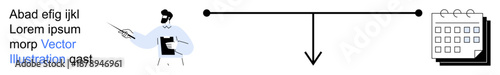 Business management, project timeline, scheduling, planning, workflow organization, teaching. Man holding clipboard pointing at timeline with calendar. Planning and scheduling concepts