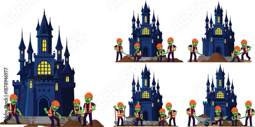 Zombie construction crew at haunted castle, cartoon green workers in hard hats digging and shoveling dirt, spooky renovation, Halloween construction vector illustration