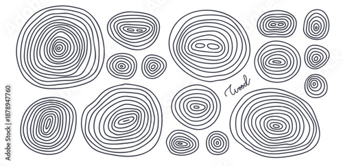 Set of various abstract growth rings of a tree. Line hand drawn design of a timber stump. Tree cut pattern. Wooden organic slice line creation. Vector contour topographic map concept.