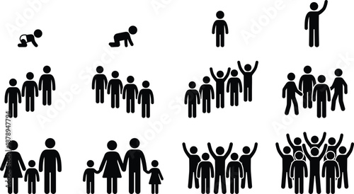 Black And White Vector Icon Set Of People Silhouettes Featuring Life Stages From Baby To Adult Plus Families Groups And Crowds For Social Design