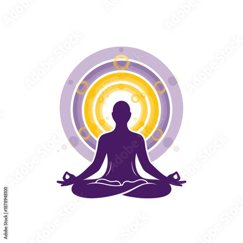 Silhouette of a person meditating in a lotus position with concentric circles and glowing energy.