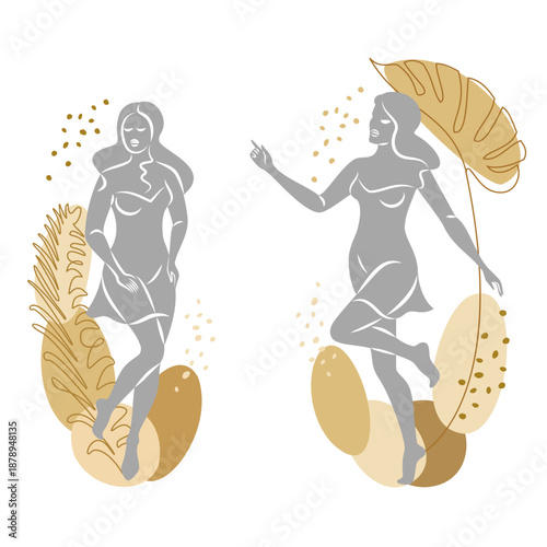 Collection. Silhouette of a cute lady and leaves of a plant. The girl is standing. The woman has a beautiful figure. She is young and slim. Vector illustration set.