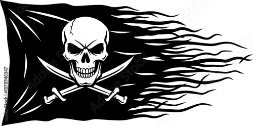 Pirate flag with skull and crossed swords, torn and tattered with flowing fabric vector illustration for adventure, danger concept
