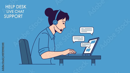 Woman Wearing Headset Working on Laptop.