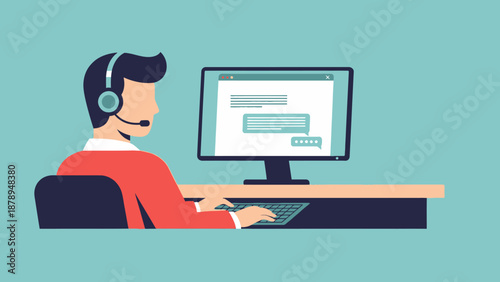 Man Wearing Headset Working on Computer.