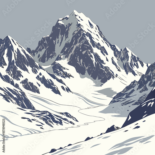 Snow covered mountains with sharp peaks and ridges