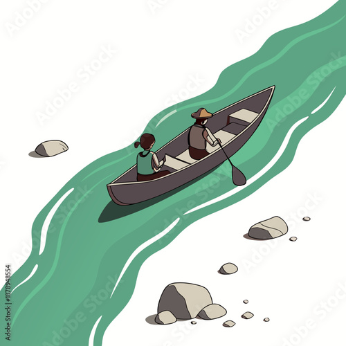 Cartoon people rowing boat on green river with rocks