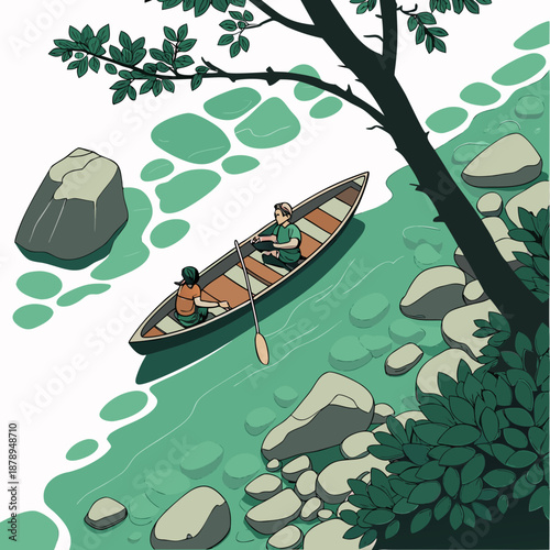 Emerald crystal river with two people canoeing green