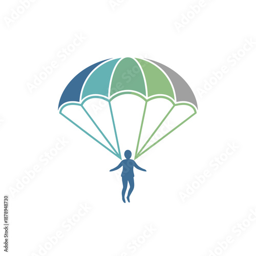 A stylized person descending with a colorful parachute against a white background.
