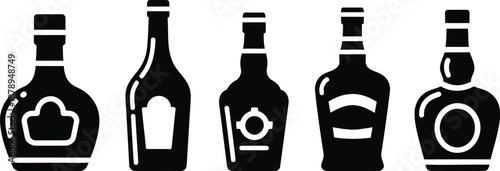 Five black and white whisky bottles with different shapes and labels for bar menu branding and liquor store or distillery lounge and alcohol celebration or beverage gift designs