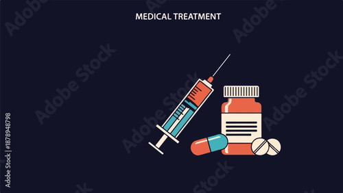 Flat lay of medical supplies including a syringe, pill bottle, and capsules on a dark background for World Cancer Day, symbolizing medical treatment and health awareness.