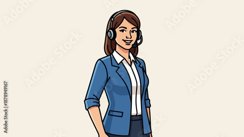 Smiling Businesswoman Wearing Headset and Blazer.