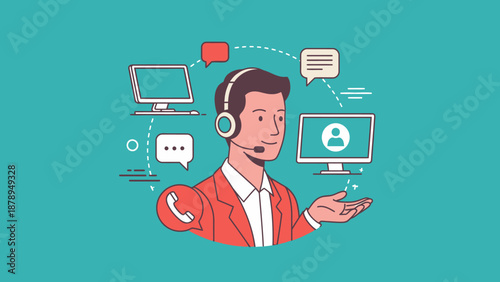 Customer Service Representative with Headset and Computer.