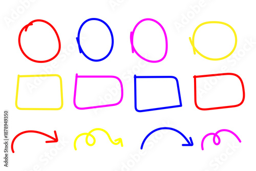 A collection of colorful shapes and arrows on a white background
