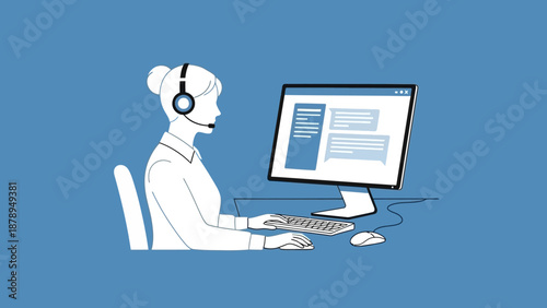 Woman Working on Computer with Headset.