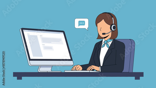 Woman Wearing Headset Working on Computer.