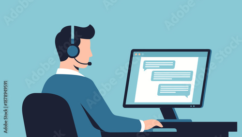 Man Wearing Headset Working on Computer.