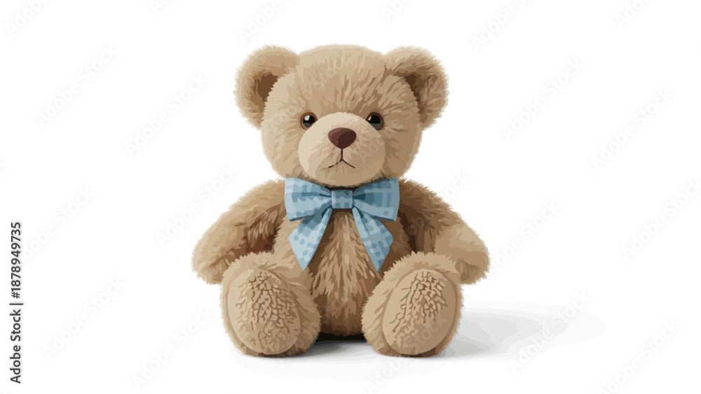 Obraz premium Cute brown teddy bear with blue bow tie sitting on white background looking adorable and friendly