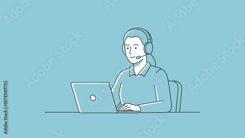 Woman Wearing Headset Using Laptop Computer.