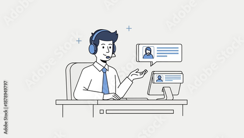 Man Wearing Headset Working on Computer.