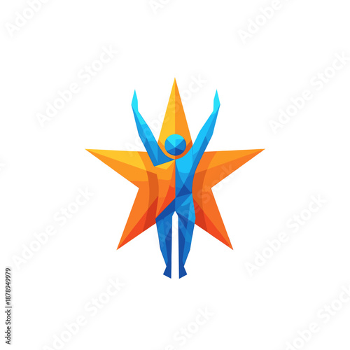 A geometric blue human figure with raised arms in front of a golden star, symbolizing success and achievement.