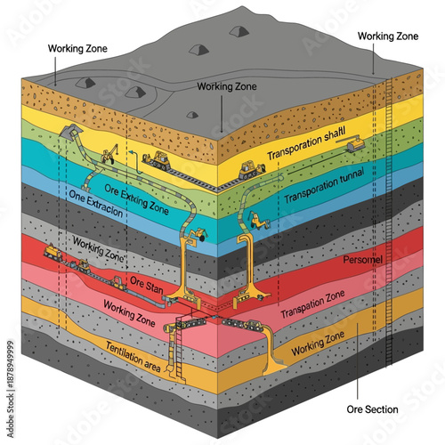 Photos Detailed Cross-Sectional Diagram of a Mining Operation with Geological Layers