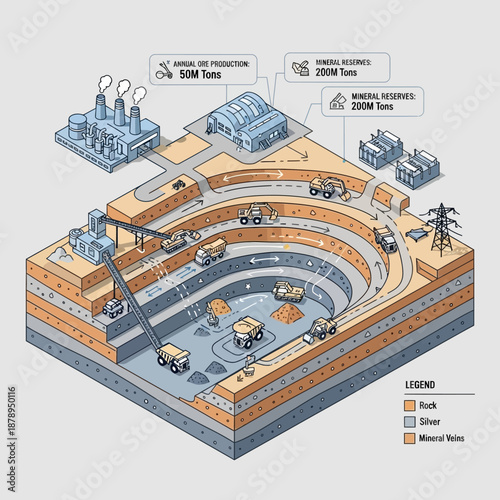 Isometric Illustration of a Large-Scale Open-Pit Mining Operation with Industrial Facilities.