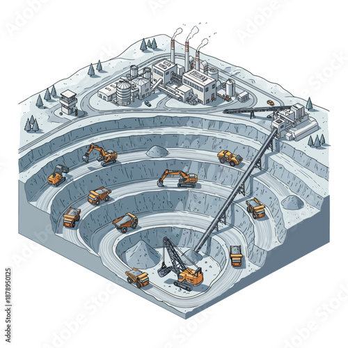 Isometric illustration of an open pit mine with heavy machinery and processing plant.
