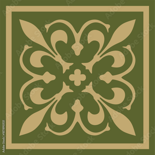 Vector gold and green ancient Roman ornament elements. Classic European parts of patterns. Lilies and crowns