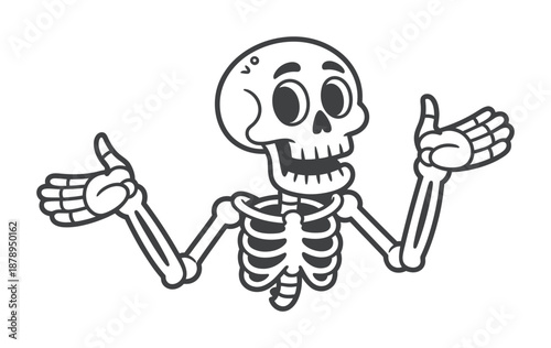 A cheerful cartoon skeleton shrugging with open hands, depicting a "i don't know" gesture