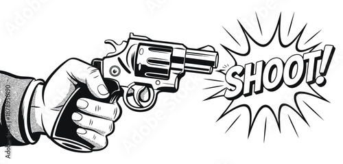 A hand holding a revolver with the word 'shoot!' displayed in a dynamic comic book graphic