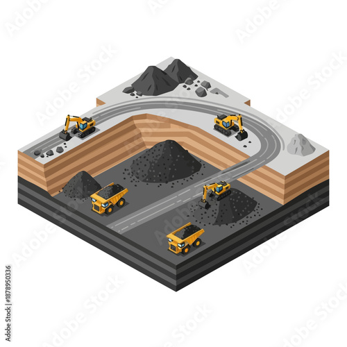 Isometric view of a coal mine with heavy machinery and piles of coal.