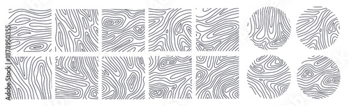 Abstract Wooden texture bib set. Hand drawn wood tree rings. Graphics round, square elements, outline tree rings, stumps structure. Decorative nature cutting wood circle. Vector illustration.