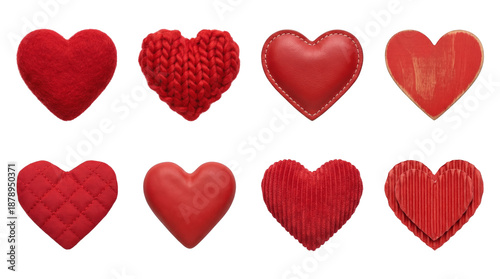 Red heart set including felt, knitted, leather, wooden, quilted, and velvet textures isolated. Valentine holiday and romance decoration collection.